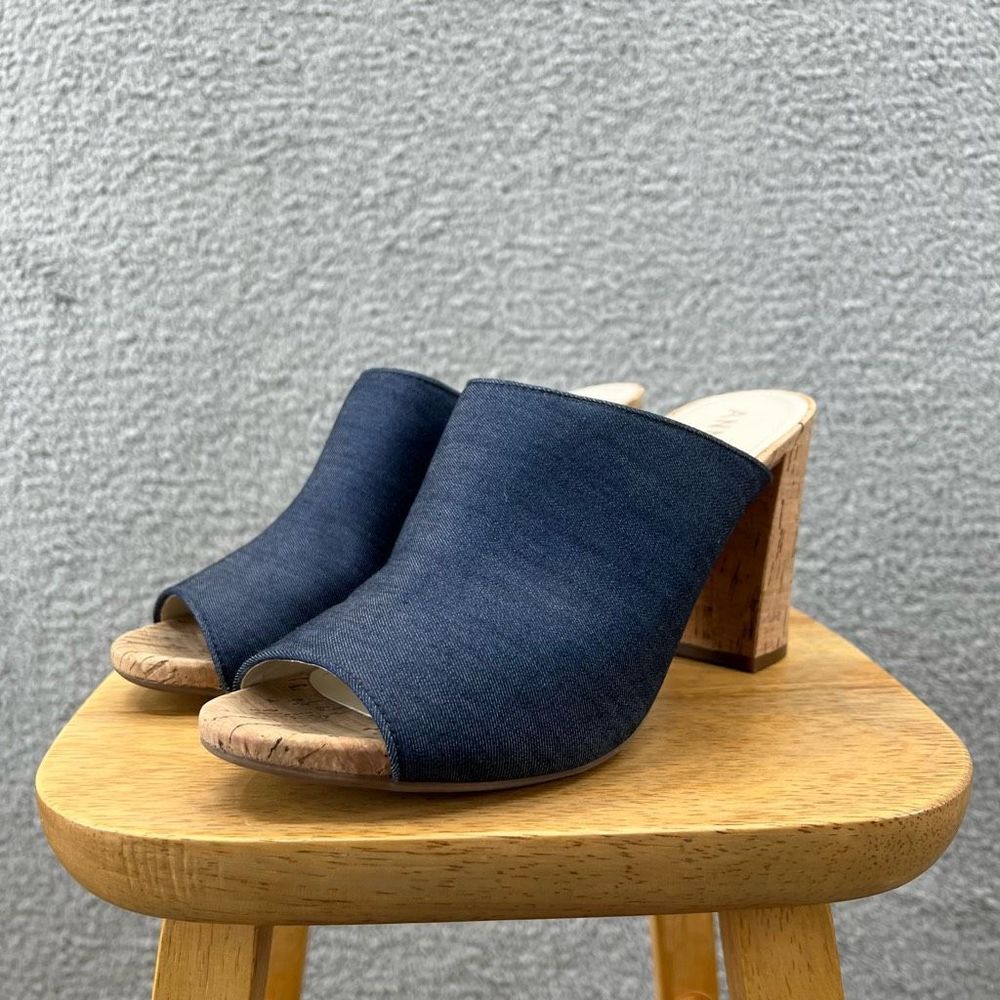 Anne Klein Cork Heels Size 10M Slides Mules Open Peep Toe Spring Summer Denim - Picture 2 of 10